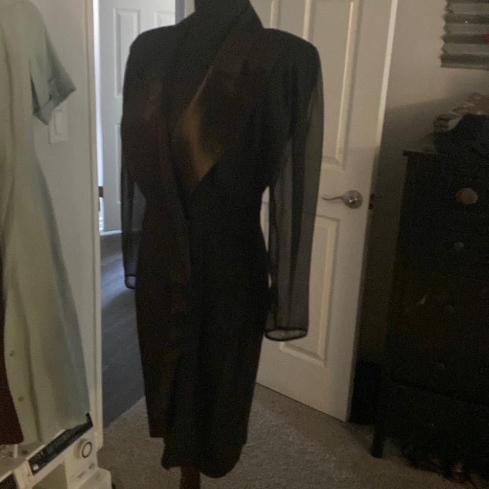 Black Tuxedo dress 1980s sheer sleeves  nipped waist